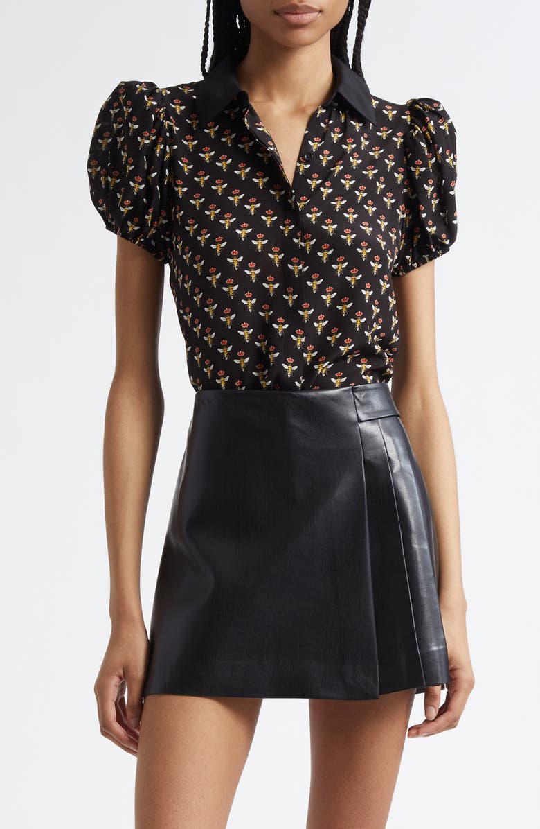 Alice + Olivia Willa Puff Sleeve Silk Shirt, Main, color, 