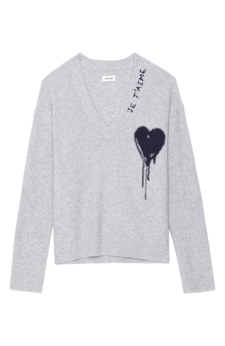 Zadig & Voltaire Mikyz Heart Appliqué Cashmere V-Neck Sweater, Alternate, color, Gris Chine Clai