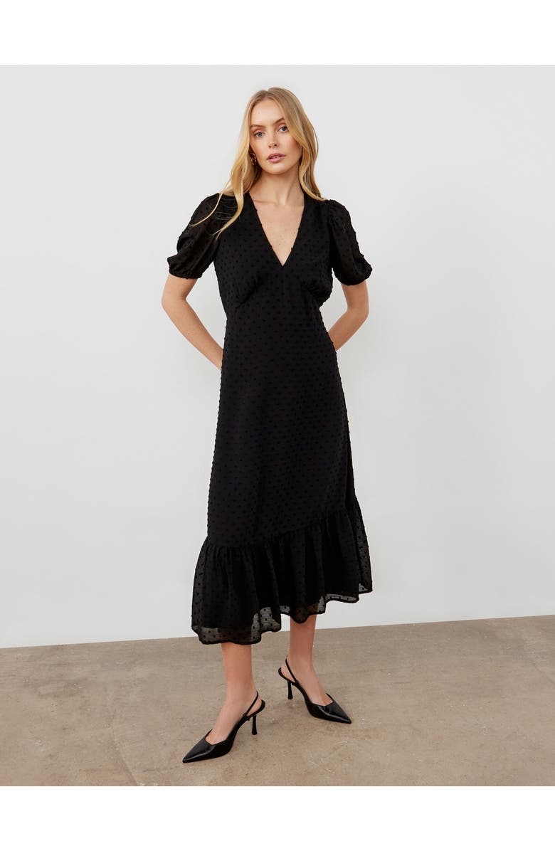 Finery London Loretta V-Neck Georgette Midi Dress, Main, color, Black