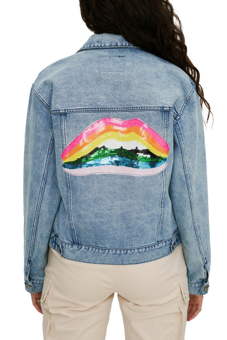 Sequin Lips Denim Jacket, Alternate, color, MEDIUM DENIM BLUE