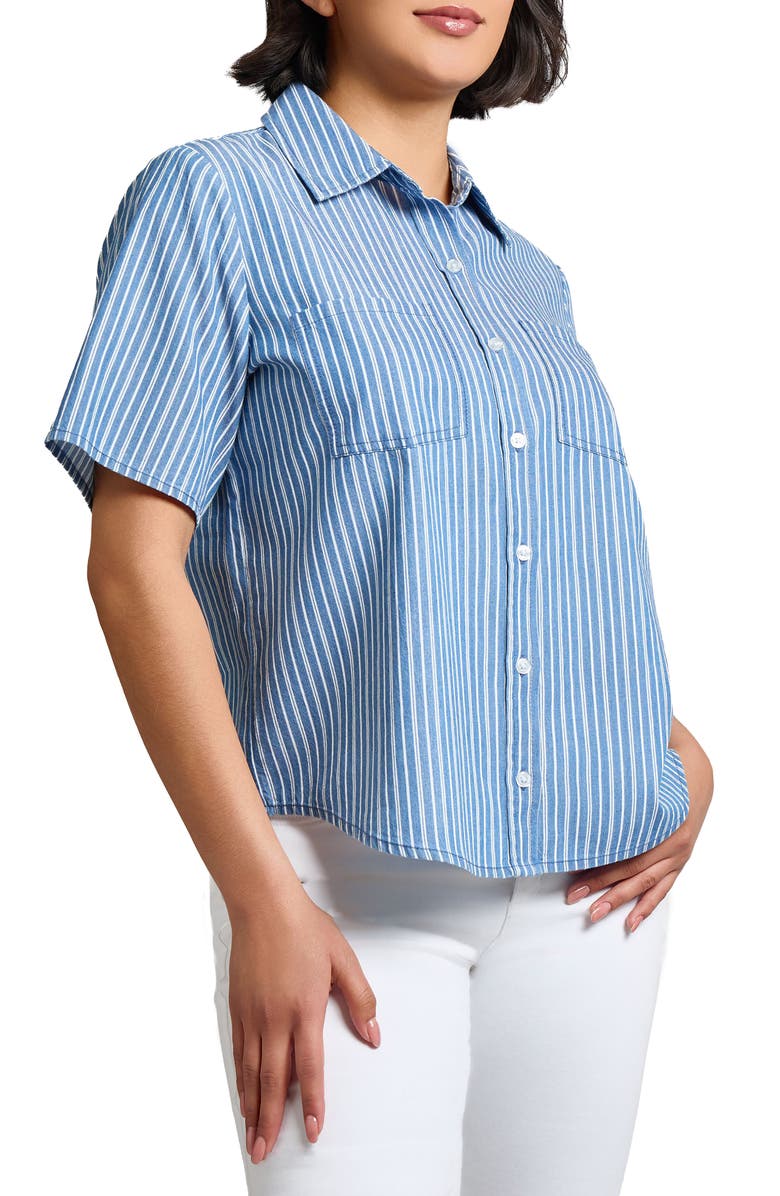 Jones New York Stripe Short Sleeve Chambray Button-Up Shirt, Alternate, color, Medium Indigo/ White