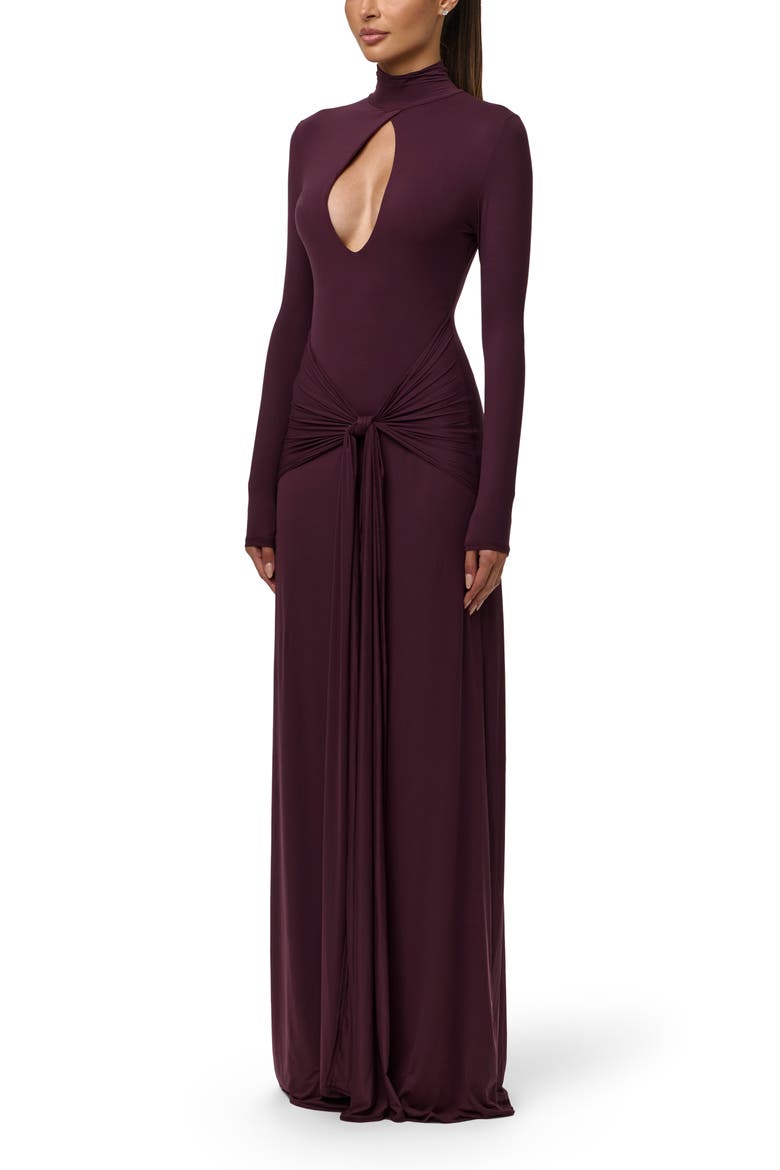 Cutout Tie Front Long Sleeve Maxi Dress, Alternate, color, DARK PLUM