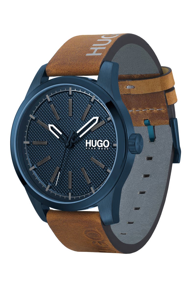 Invent Leather Strap Watch, 46mm, Alternate, color, BLUE