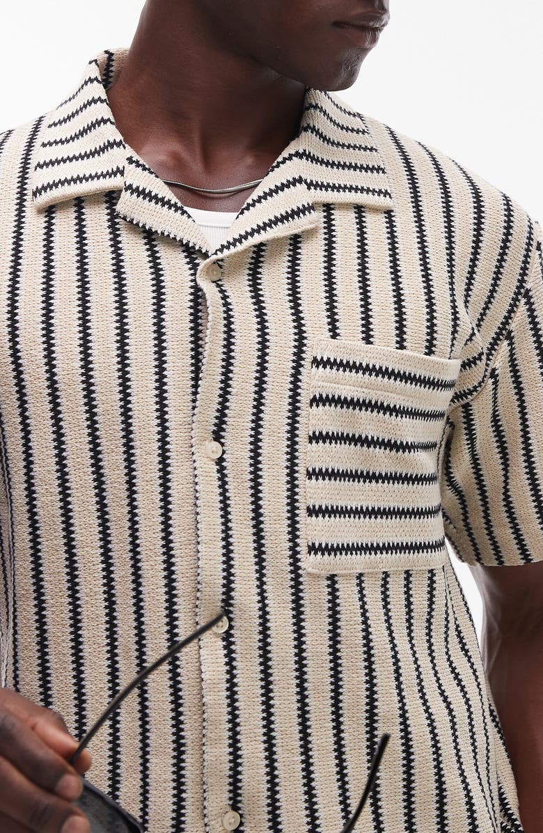 Topman Stripe Knit Camp Shirt, Alternate, color, Stone