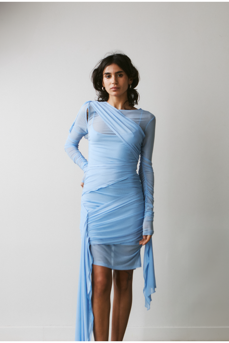 Draped Mesh Dress, Alternate, color, Light Blue