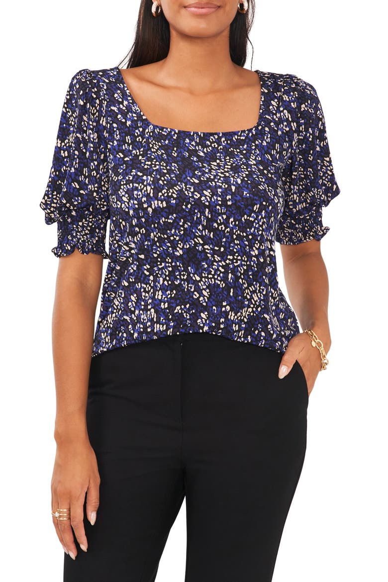 Leopard Square Neck Smocked Sleeve Blouse, Main, color, BLACK/ BLUE