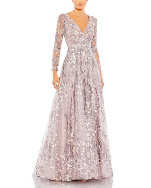 Shop Mac Duggal Embellished Wrap Over Illusion Long Sleeve A Line Gown In Lilac