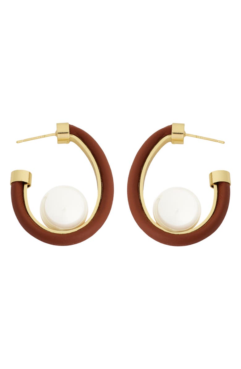 Panacea Leather Faux Pearl Hoop Earrings, Main, color, Brown
