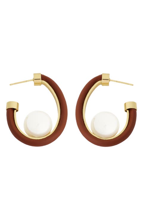 Leather Faux Pearl Hoop Earrings