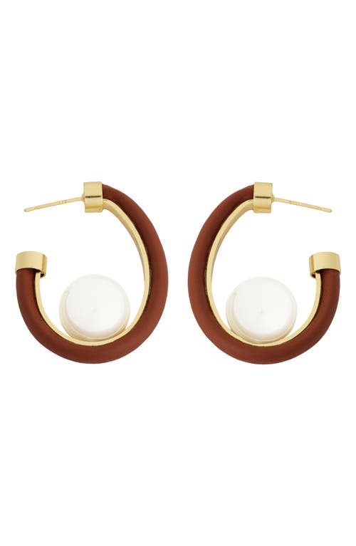 Panacea Leather Faux Pearl Hoop Earrings In Brown