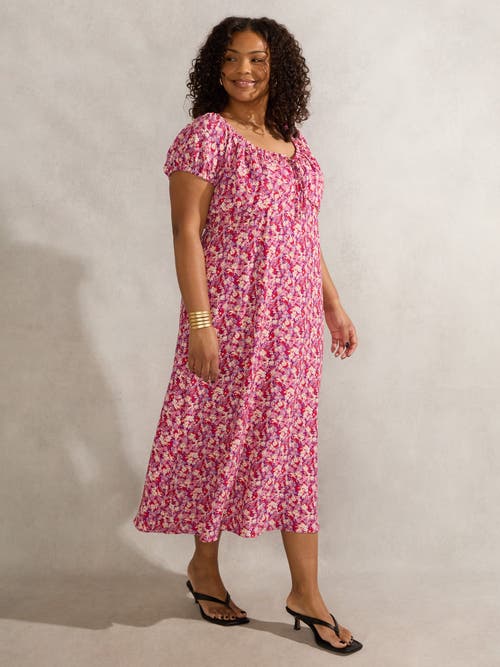 Live Unlimited Floral Gathered Neck Midi Dress In Pink