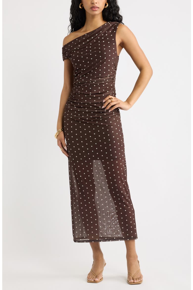 Off the Shoulder Mesh Midi Dress, Main, color, BROWN- IVORY CORNER DOT