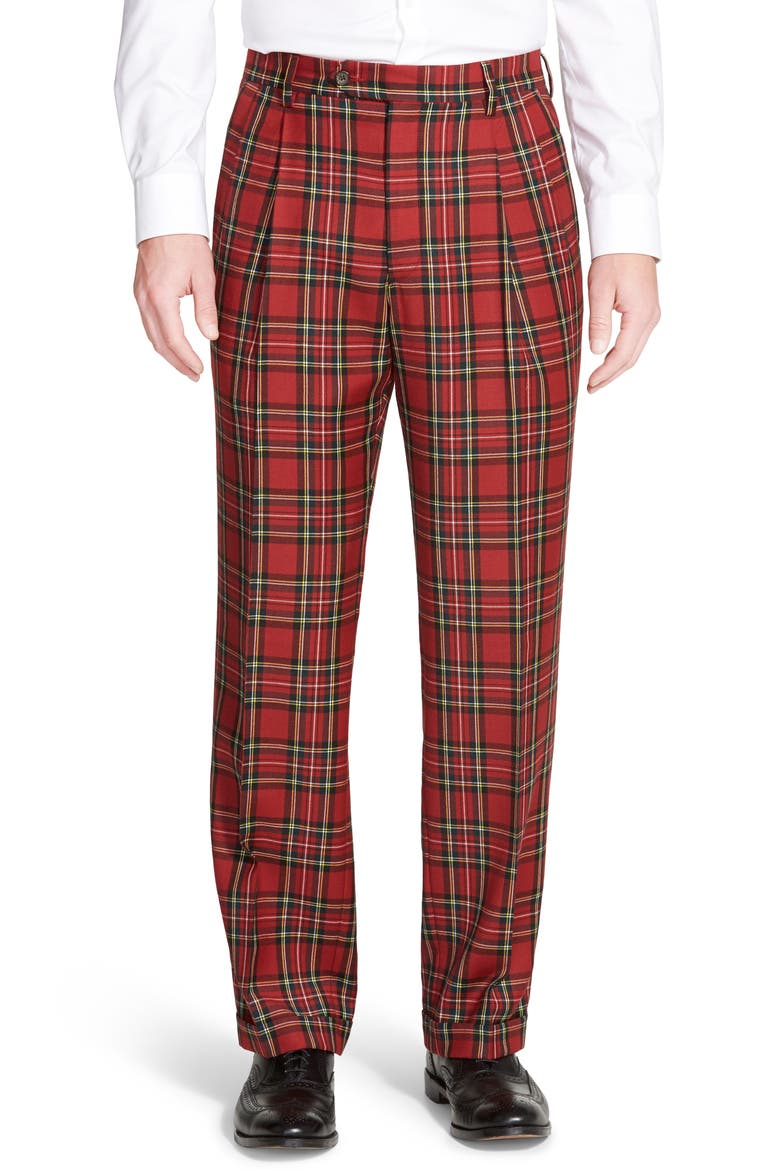 Touch Finish Pleated Classic Fit Plaid Wool Trousers, Main, color, RED