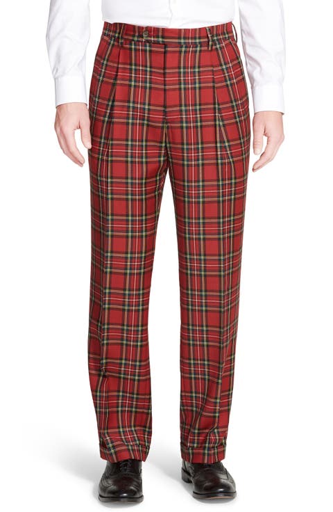 Touch Finish Pleated Classic Fit Plaid Wool Trousers