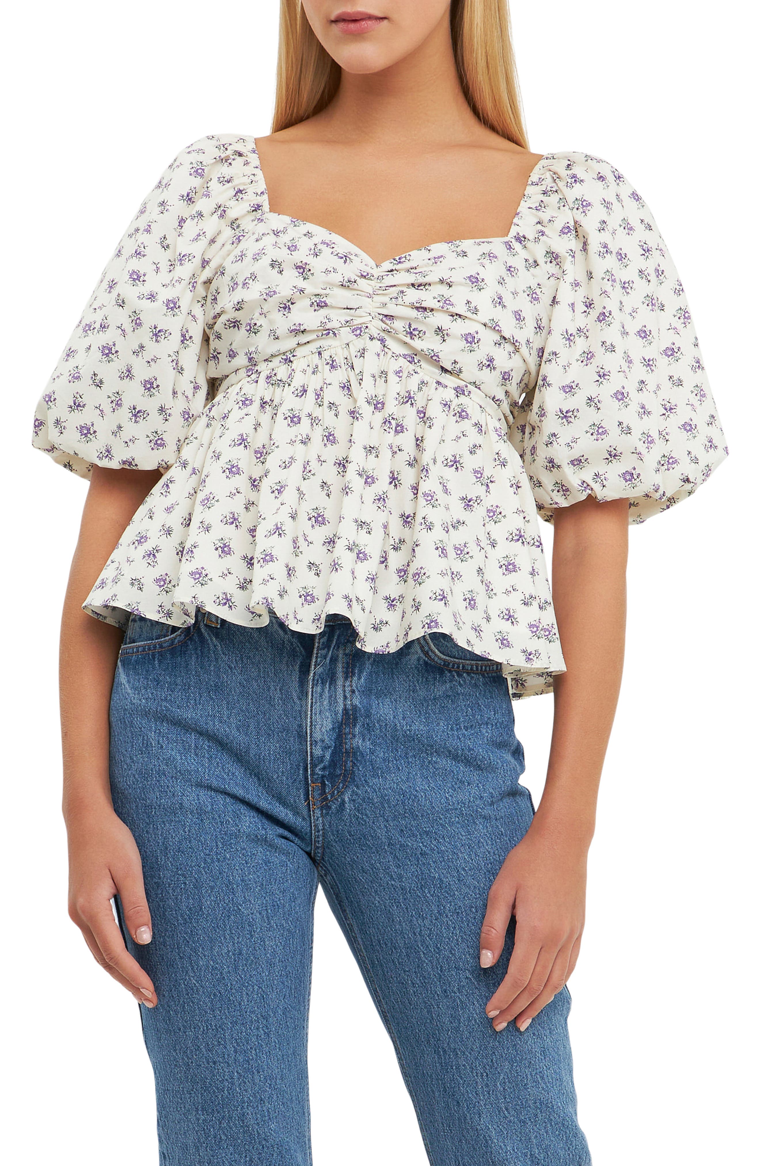 English Factory Floral Print Puff Sleeve Babydoll Top