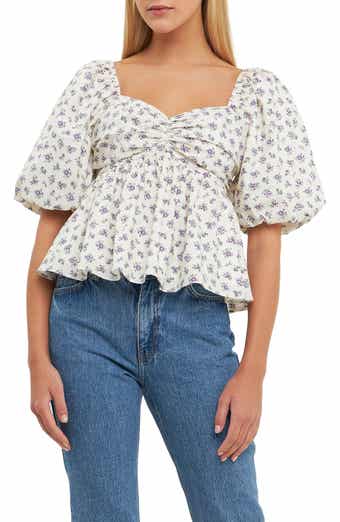 English Factory Floral Print Puff Sleeve Babydoll Top