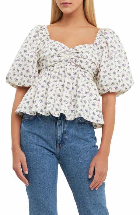 English Factory Floral Print Puff Sleeve Babydoll Top