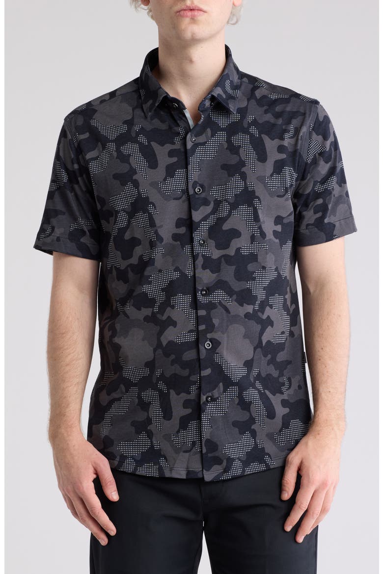 DRYTOUCH® Performance Camo Print Short Sleeve Button-Up Shirt, Main, color, BLACK
