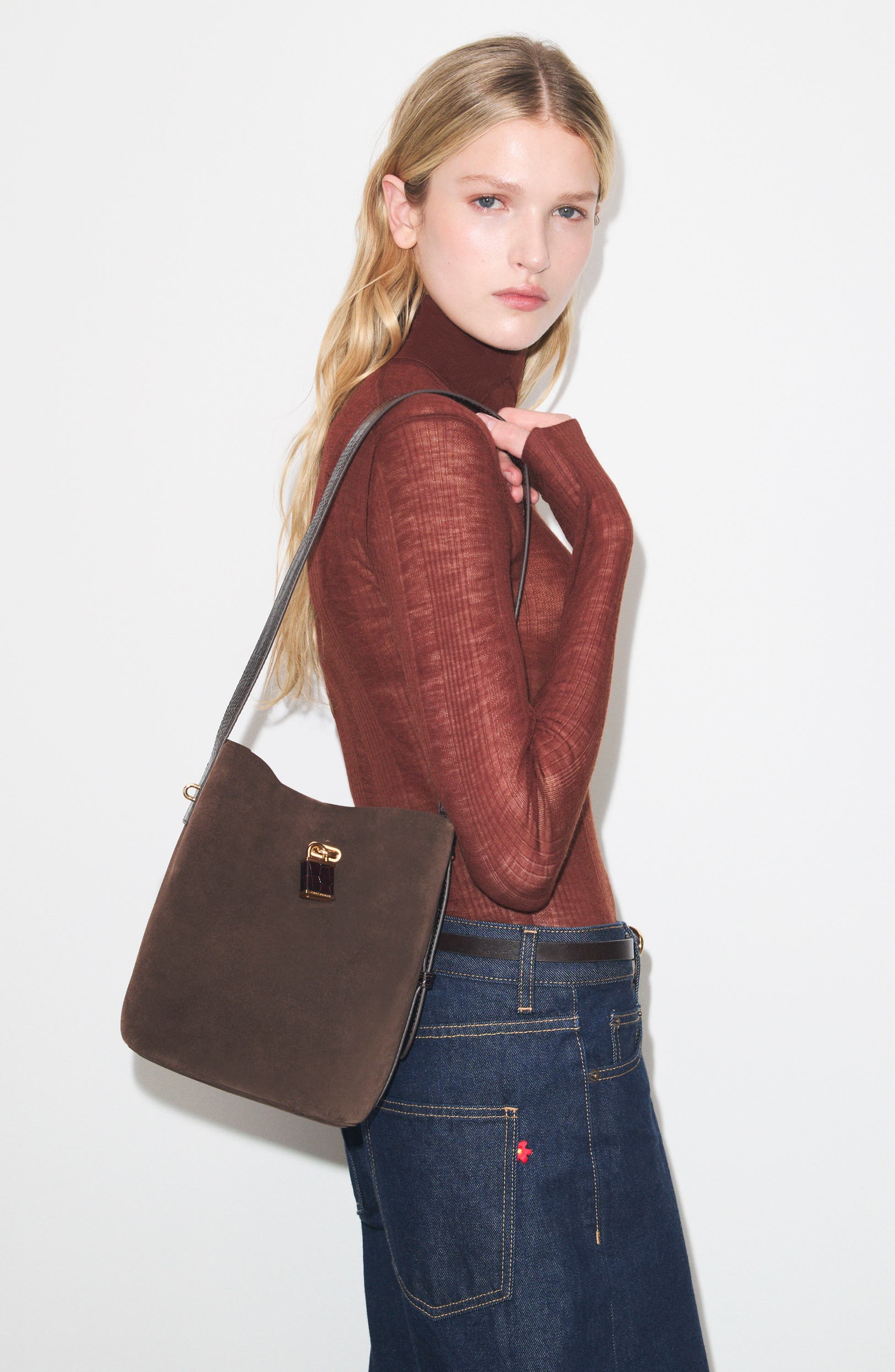 Lock Suede Slim Medium Bucket Bag, Alternate, color, DARK COCO