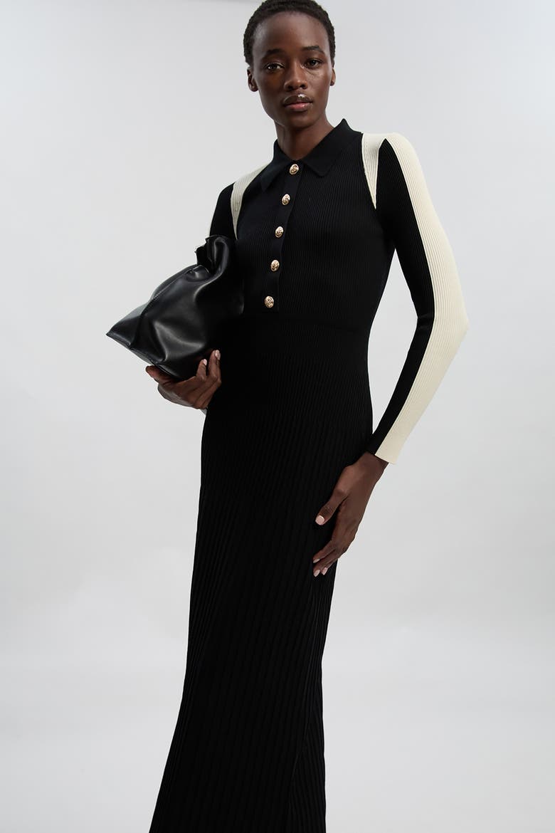 Rib Knit Long Sleeve Military Midi Dress, Alternate, color, Black