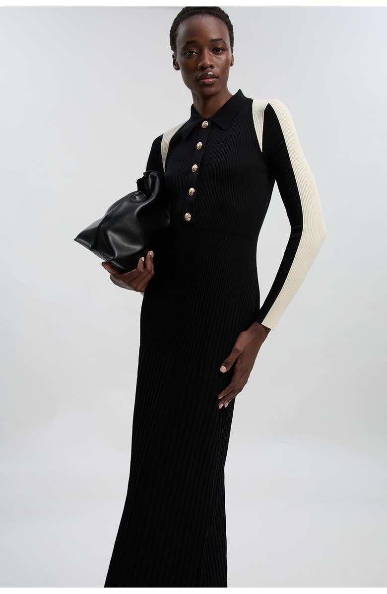 Karen Millen Rib Knit Long Sleeve Military Midi Dress, Alternate, color, Black