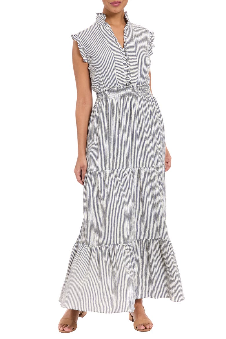 Stripe Ruffle Neck Sleeveless Tiered Maxi Dress, Main, color, PERSIAN JEWEL