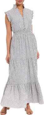 London Times Stripe Ruffle Neck Sleeveless Tiered Maxi Dress