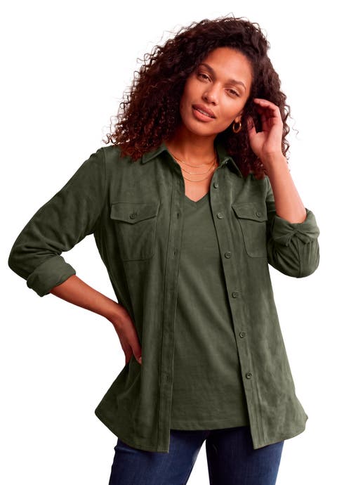 Faux Suede Button Front Shirt