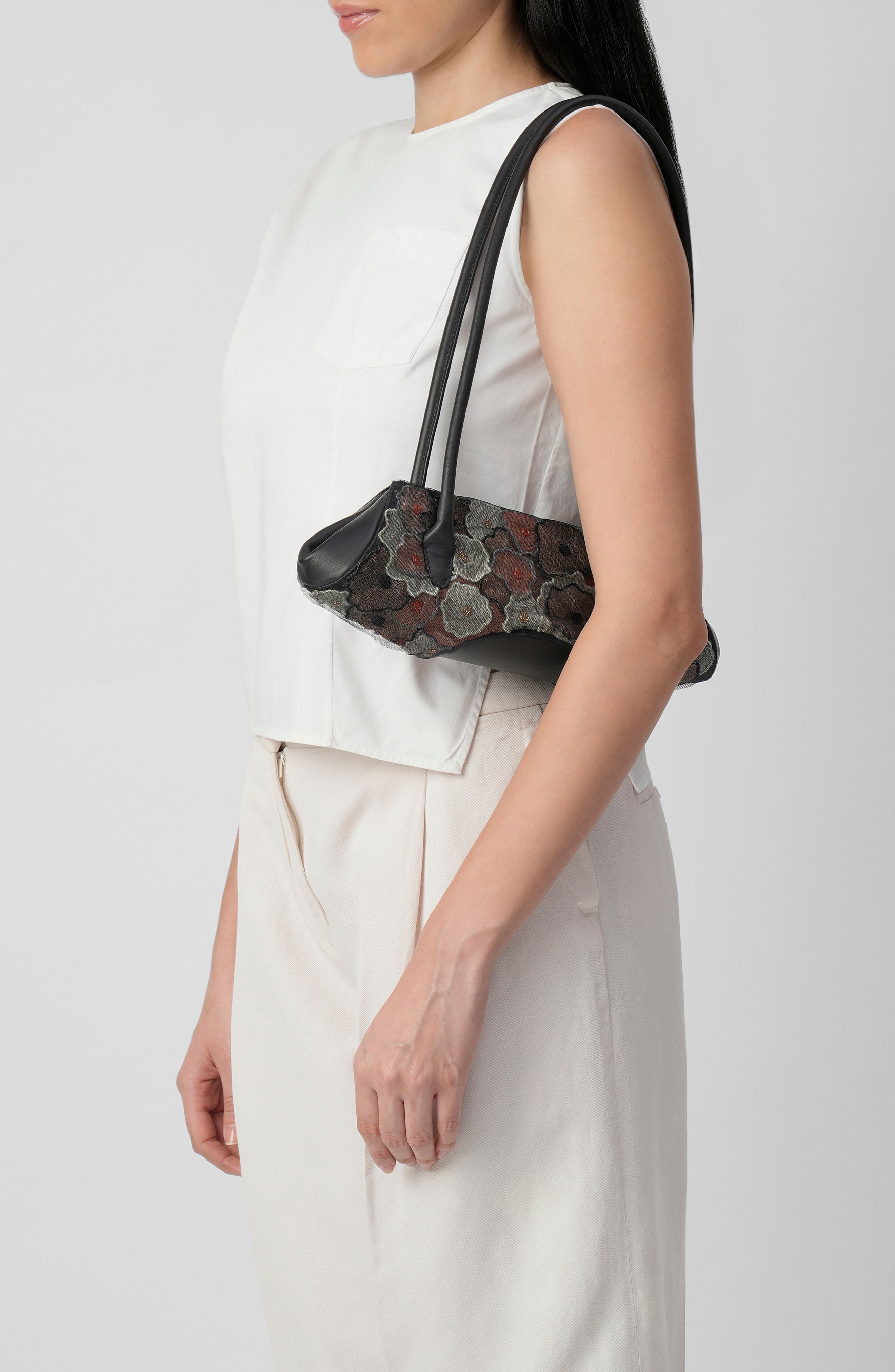 Elizabeth Mini Floral Quilted Leather Baguette Bag, Alternate, color, BLACK/ CACAO