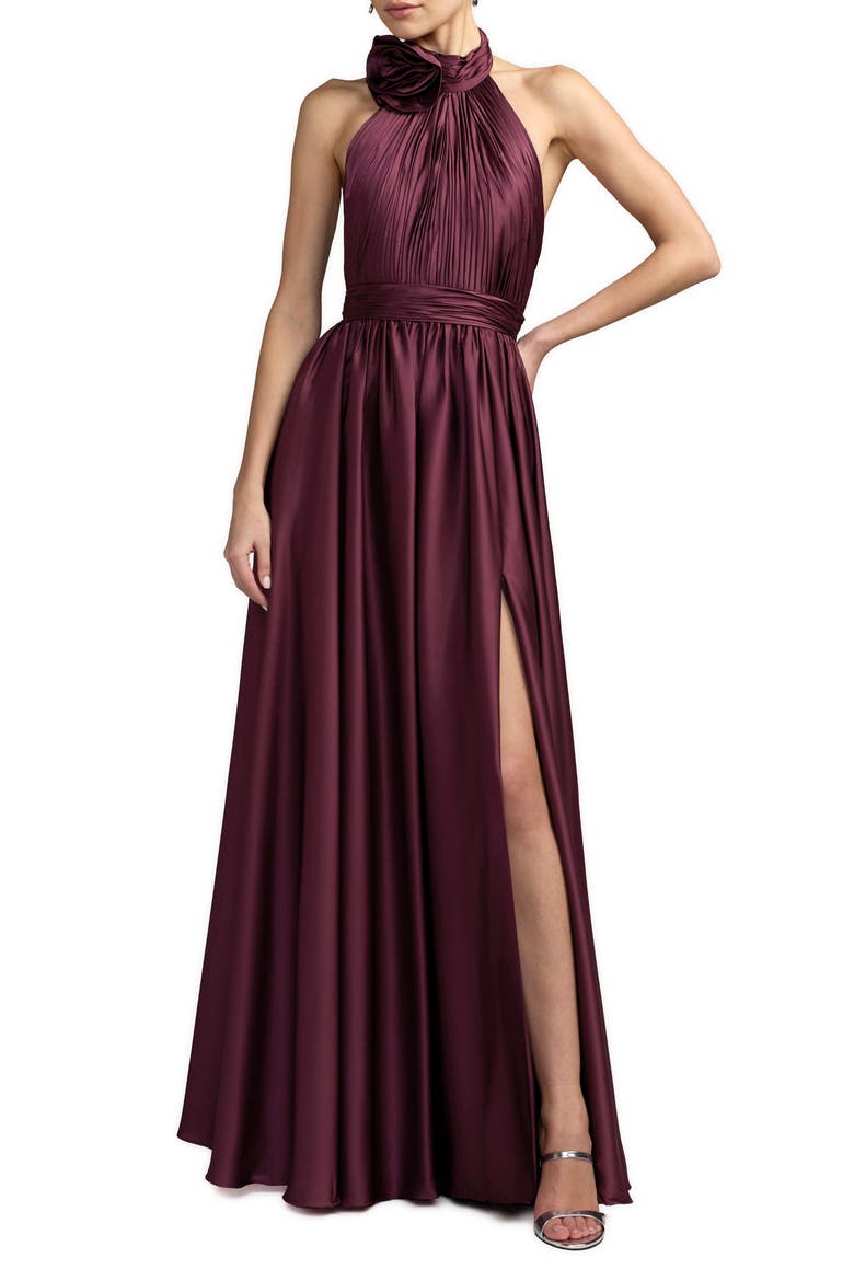 Rosette Halter Chiffon Evening Gown, Main, color, Eggplant