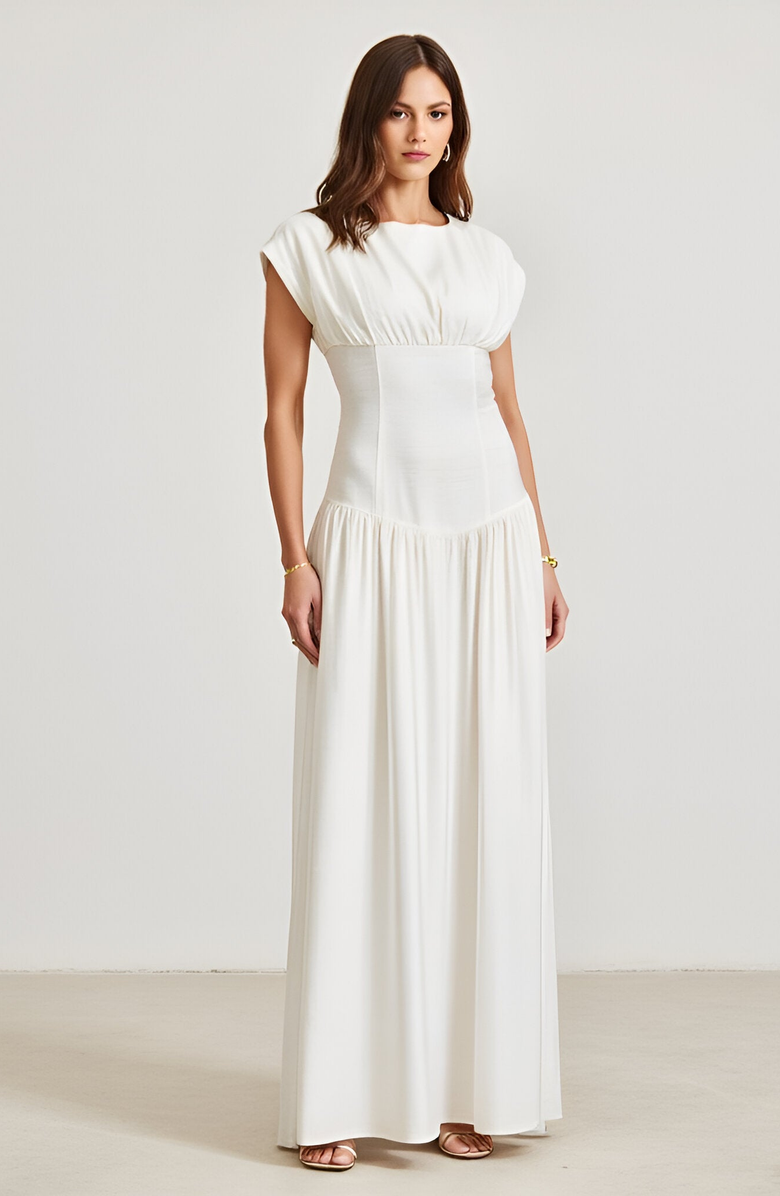Modenaire Cap-Sleeve Maxi Dress with Lace-Up Back, Alternate, color, 