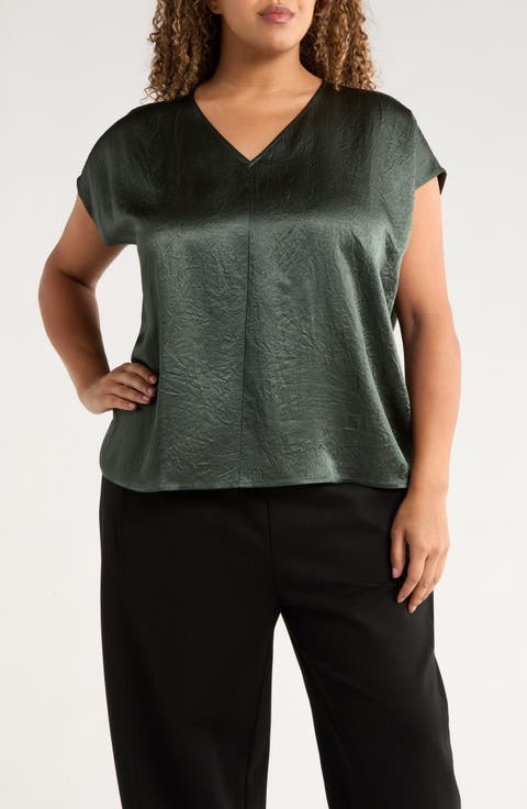V-Neck Square Satin Top (Plus)