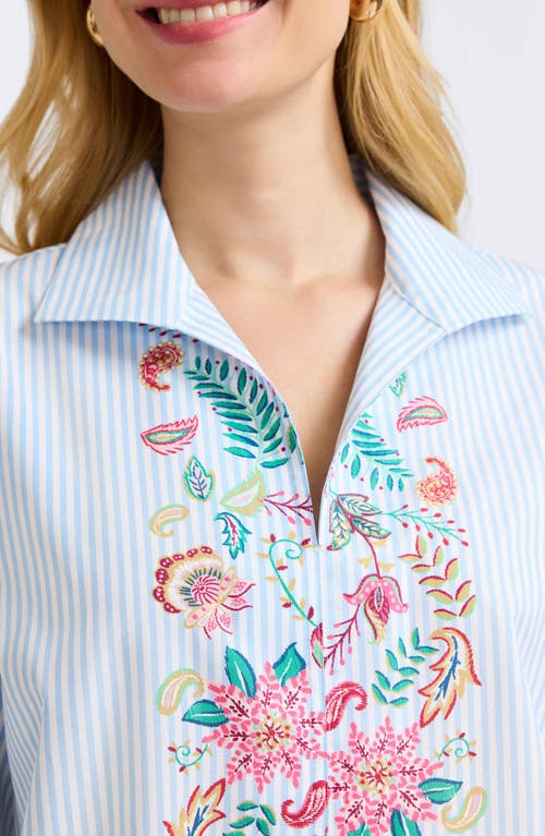 Foxcroft Stripe Floral Embroidered Cotton Button-up Shirt