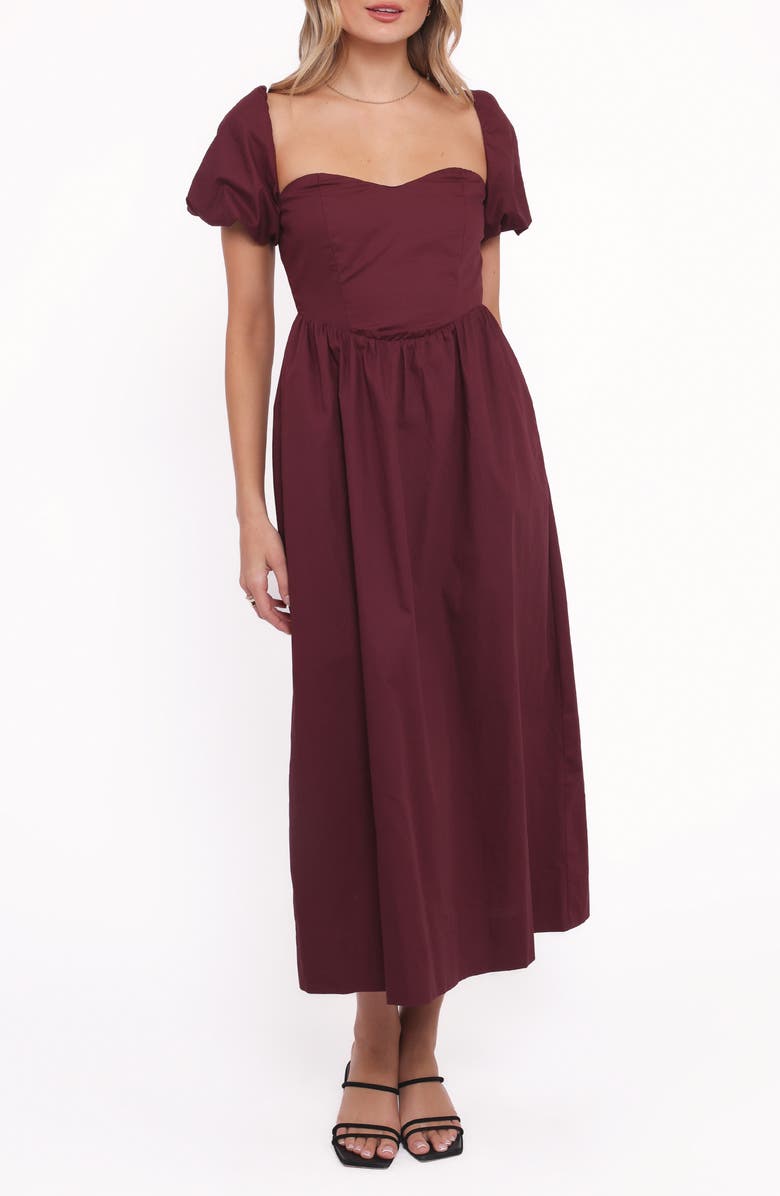Petal & Pup Remira Puff Sleeve Midi Dress, Main, color, Cherry