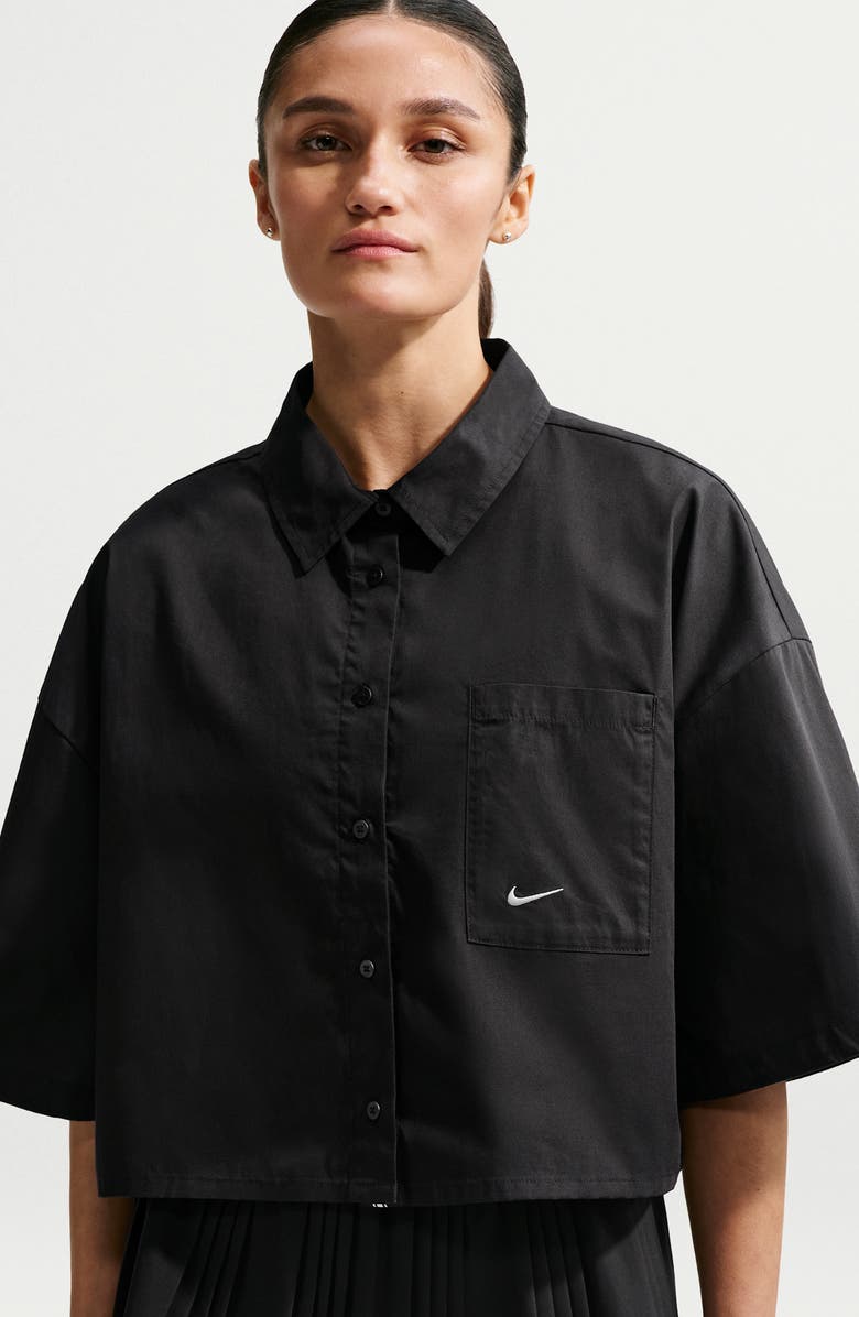 Nike Sportswear Chill Cotton Poplin Oversize Button-Up Shirt, Alternate, color, Black/ Summit White