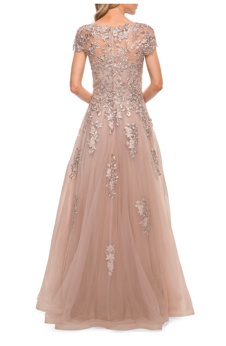 La Femme Gorgeous Lace and Tulle Gown with Full Skirt and Sleeves, Alternate, color, Blush