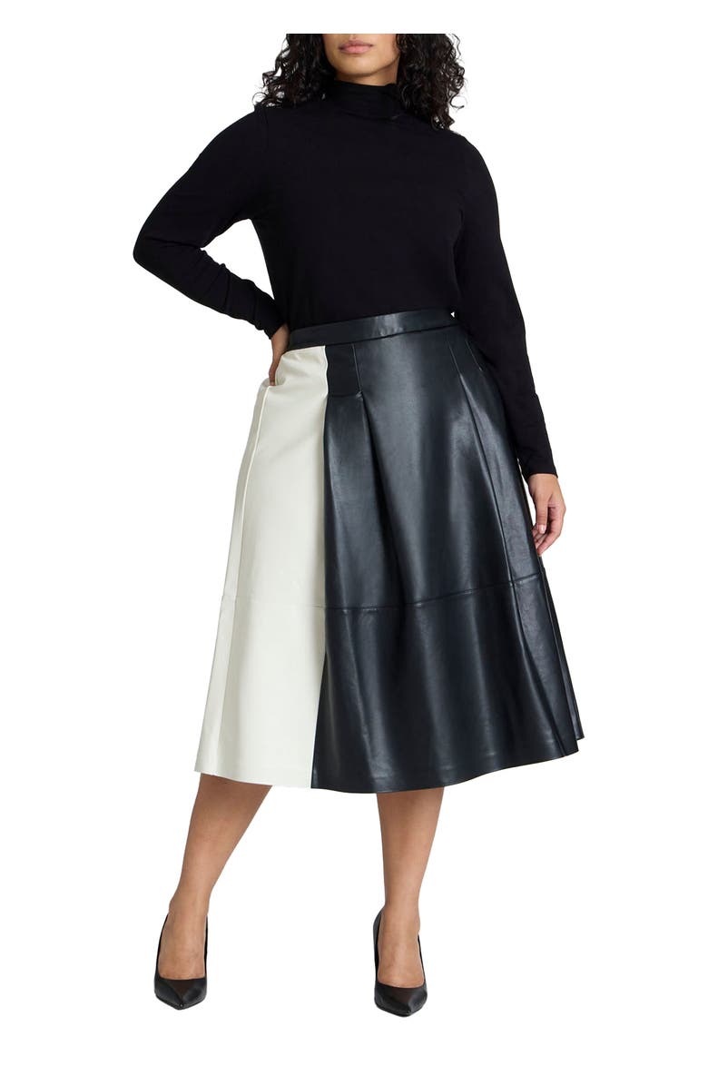 ELOQUII Colorblocked Faux Leather Full Midi Skirt, Main, color, Black Onyx And Sugar Swizzle