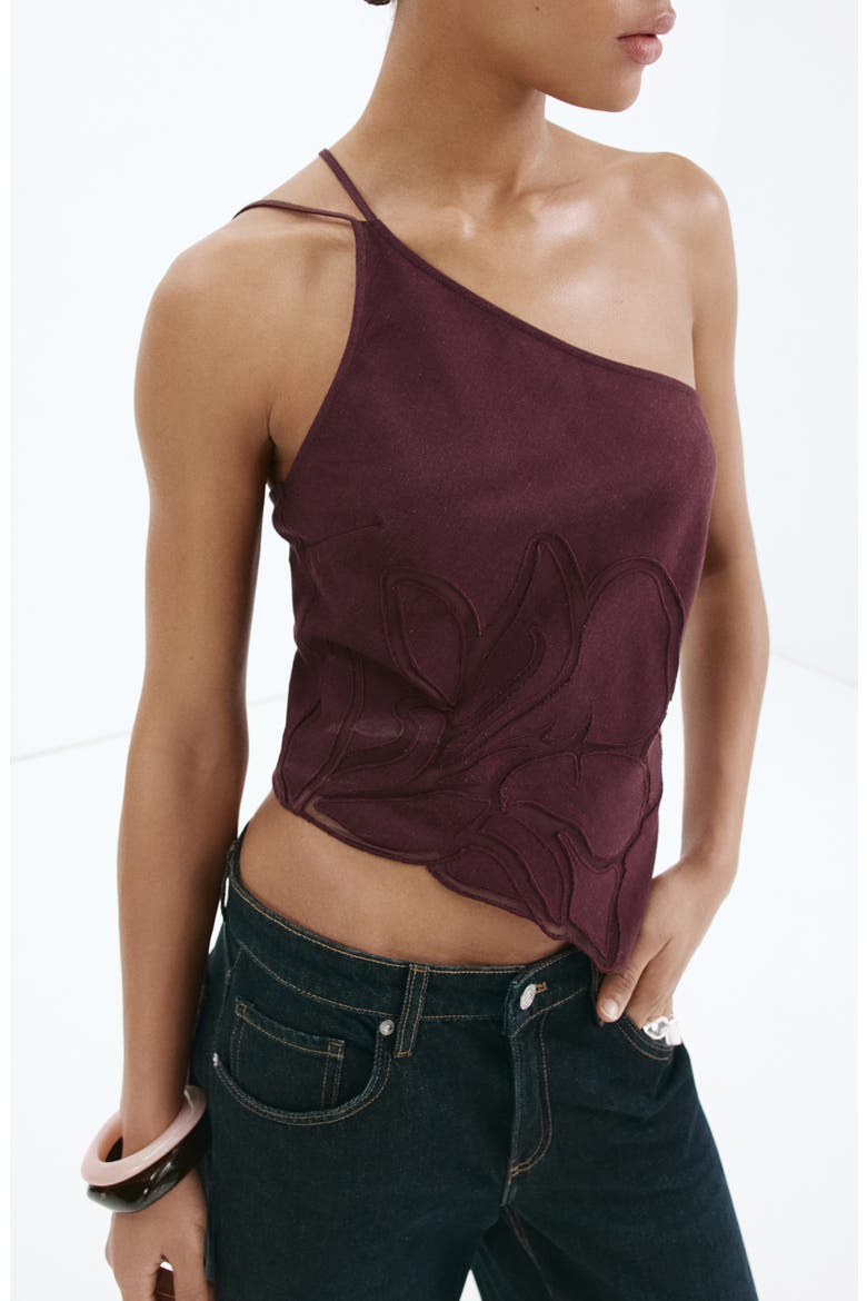 Floral Embroidered Asymmetrical One Shoulder Top, Main, color, MAROON
