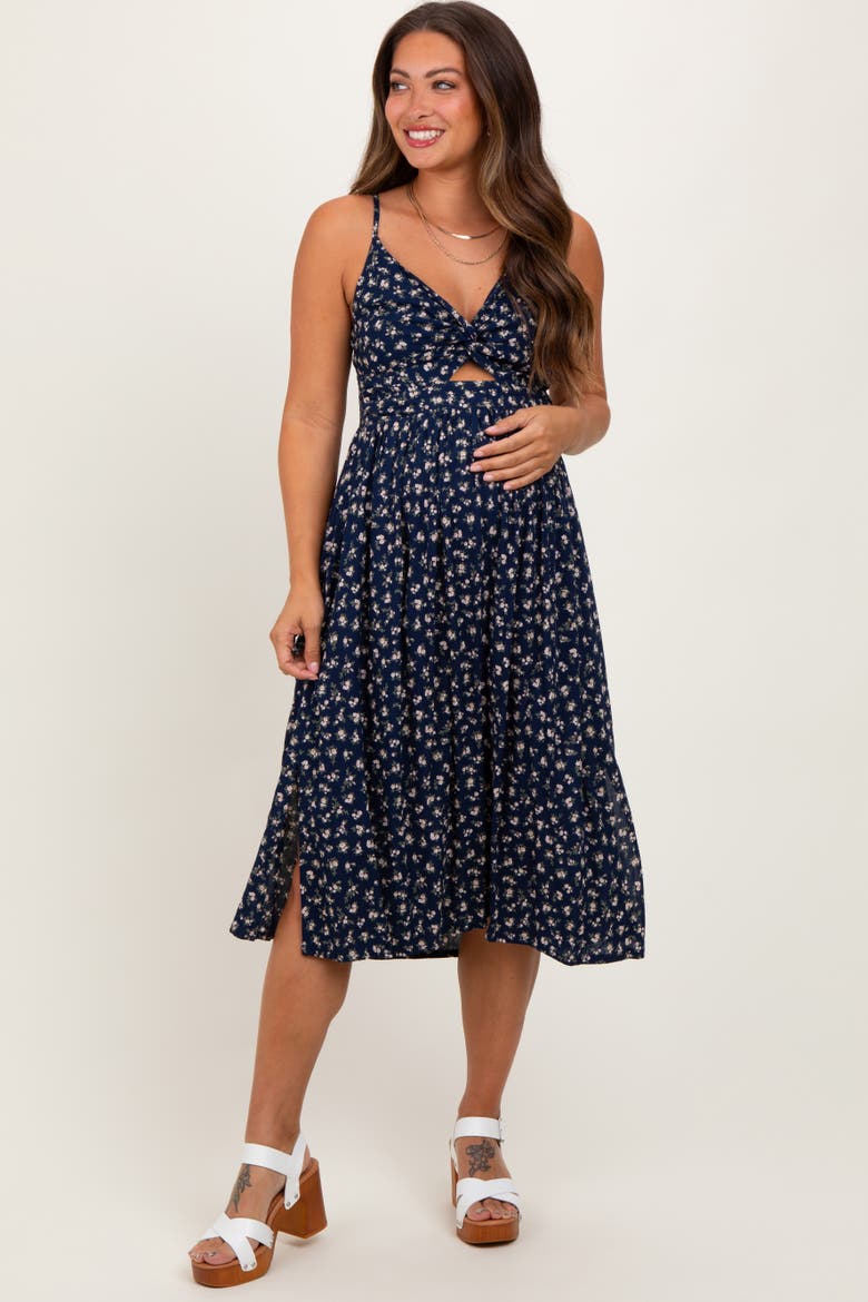 Floral Twist Front Cut Out Midi Dress, Main, color, Navy Blue