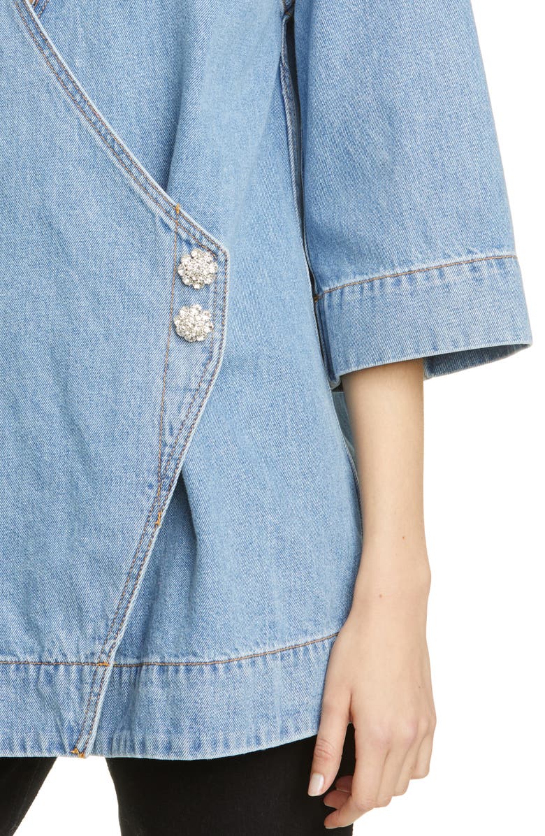 Ganni Wrap Front Oversized Organic Cotton Denim Shirt, Alternate, color,