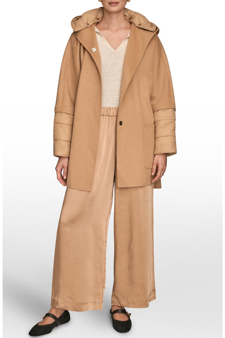 Mixed Media Puffer Sleeve Wool Blend Coat, Alternate, color, FAWN