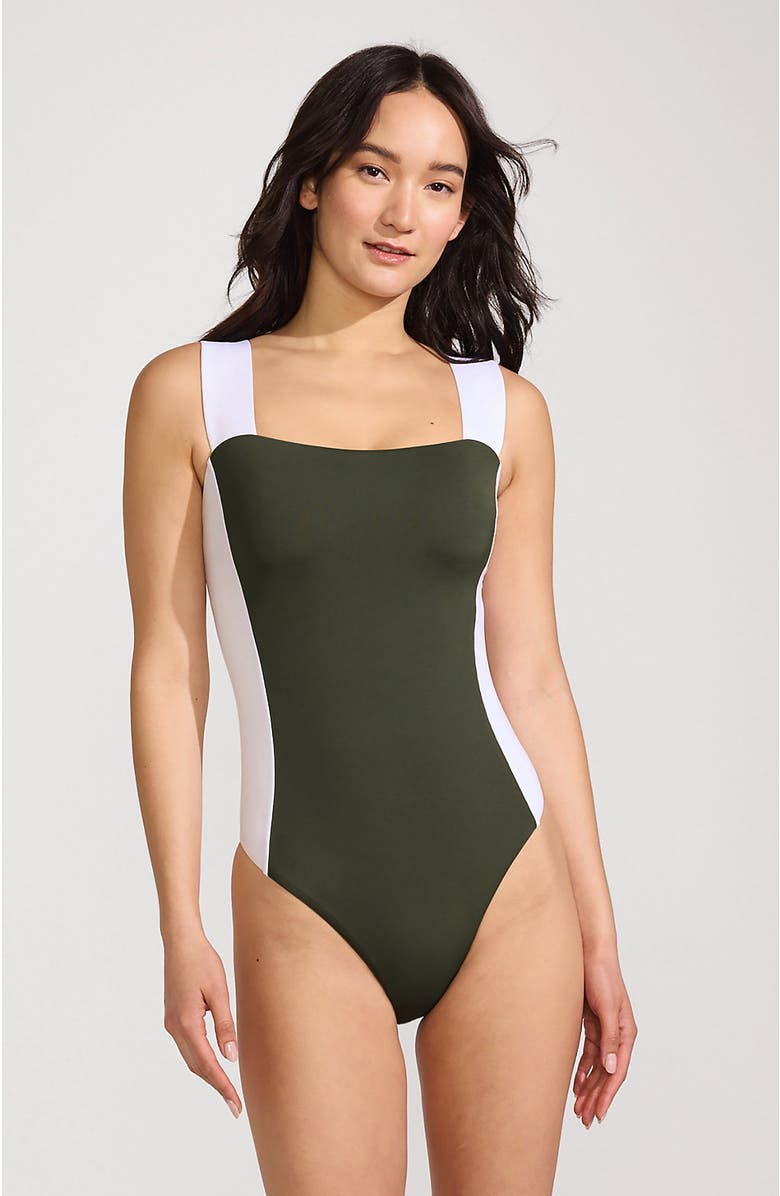 Lands' End Square Neck High Leg One Piece Swimsuit, Main, color, Rich Olive Green/White
