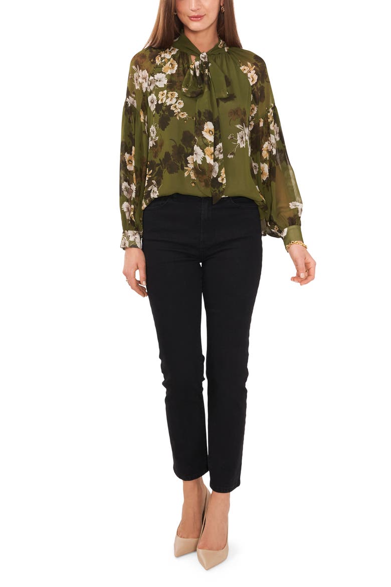 Floral Print Tie Neck Blouse, Alternate, color, LIGHT OLIVE