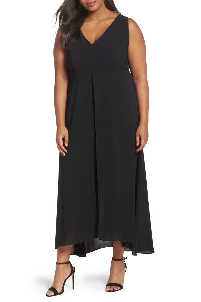 V-Neck Chiffon Overlay Jumpsuit, Main, color, BLACK
