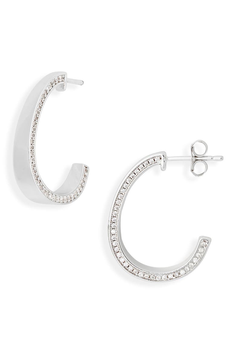 Cubic Zirconia Side Inset J Hoop Earrings, Main, color, CLEAR- SILVER
