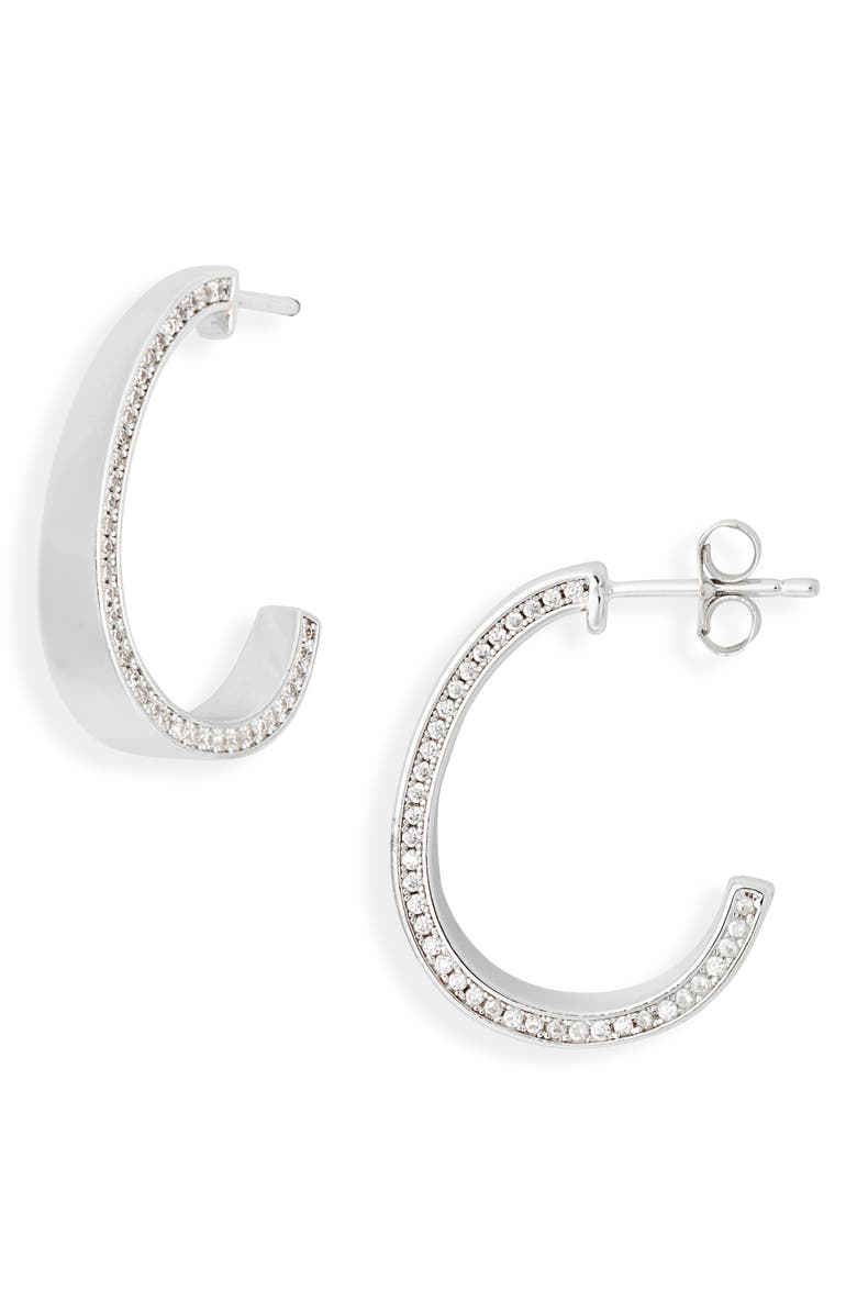NORDSTROM RACK Cubic Zirconia Side Inset J Hoop Earrings, Main, color, Clear- Silver