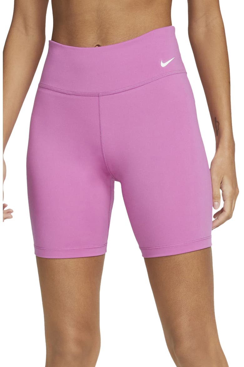 One Mid-Rise Bike Shorts, Main, color, COSMIC FUCHSIA/ WHITE