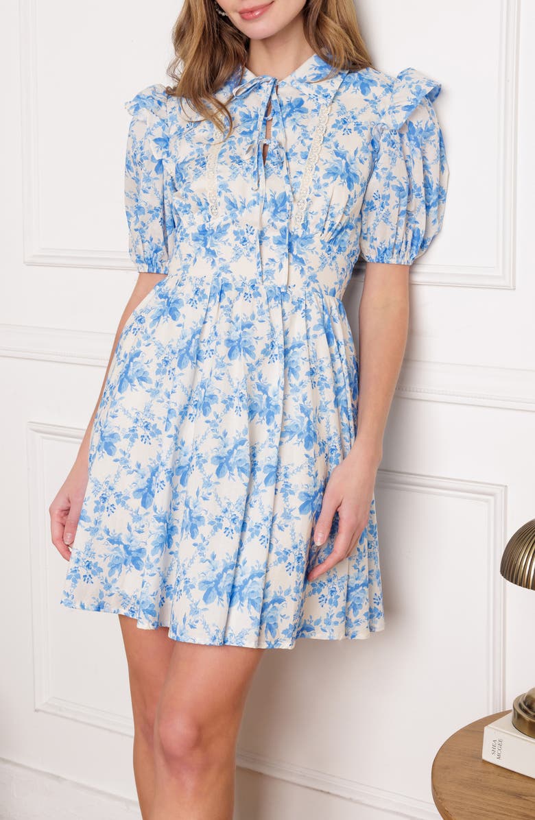 FLYING TOMATO Floral Print Collared Dress, Alternate, color, Off White/ Blue