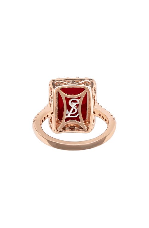 Suzy Levian Rose Sterling Silver Large Emerald-cut Red Cubic Zirconia And Baguette White Cubic Zirconia Halo Rin In Metallic