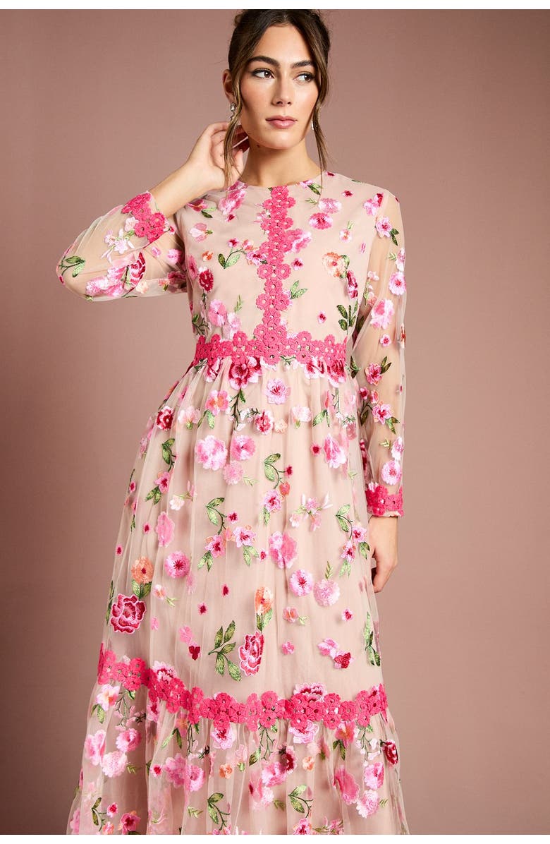 Coast Embroidered Floral Midi Dress, Alternate, color, Nude